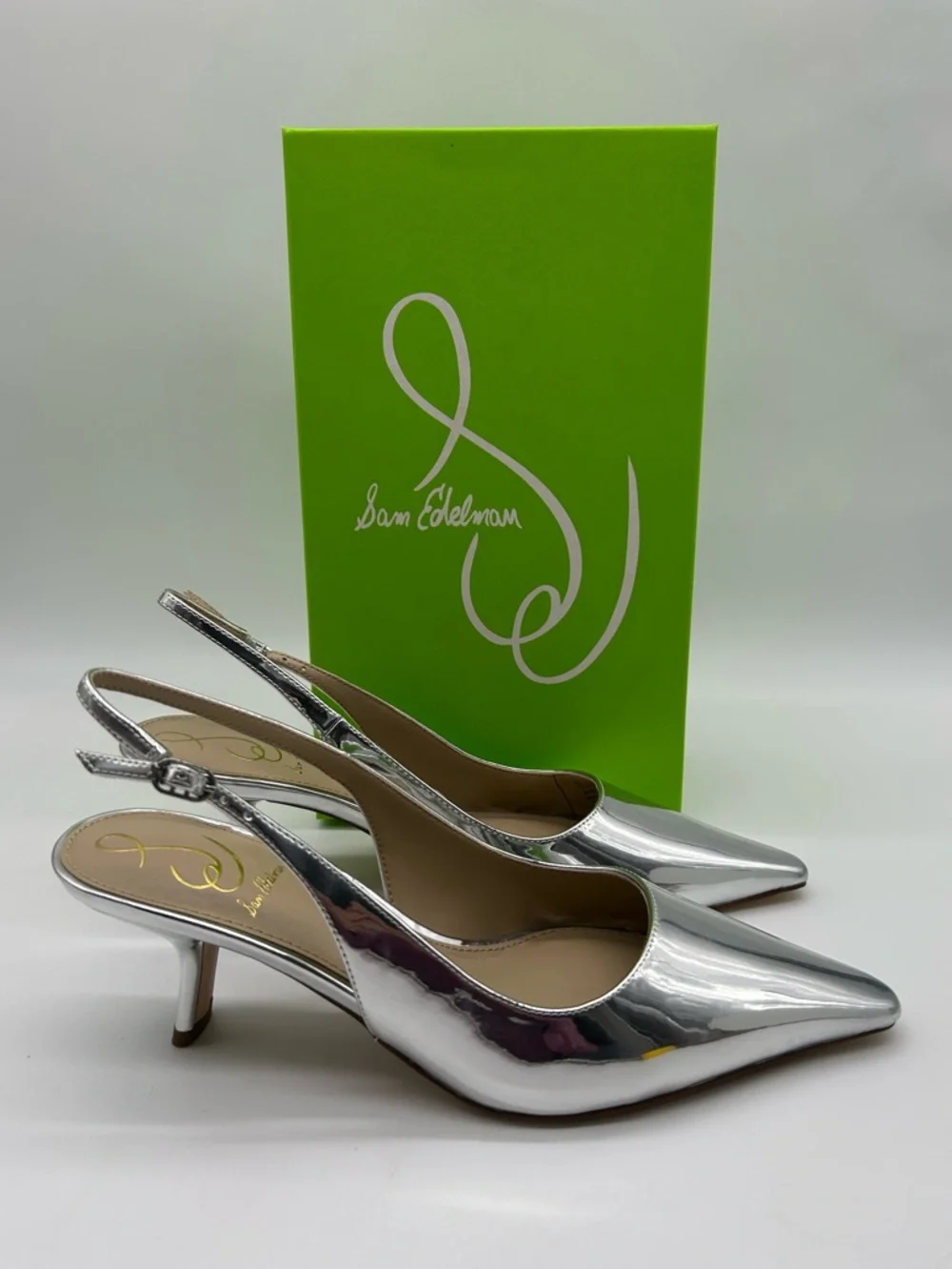 Sam Edelman Bianka Silver Slingback Heels Patent Pointed Toe Kitten Heel 7.5W - Picture 13 of 13
